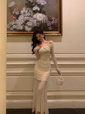 Niulatu Sheath Off The Shoulder Long Sleeves Beige Prom Dresses Evening Dress SD421