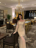 Niulatu Sheath Off The Shoulder Long Sleeves Beige Prom Dresses Evening Dress SD421