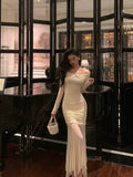 Niulatu Sheath Off The Shoulder Long Sleeves Beige Prom Dresses Evening Dress SD421