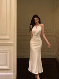 Niulatu Sheath Scoop Neckline White Ankle Length Prom Dresses Birthday Dress SD423