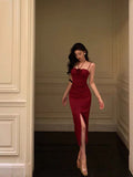 Niulatu Sheath Halter Red Ankle Length Slit Prom Dresses Birthday Dress SD425