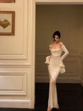 Niulatu Sheath Off The Shoulder Long Sleeves Lace Prom Dresses Evening Dress SD426
