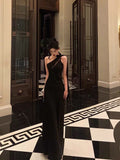 Niulatu A Line One Shoulder Black Floor Length Prom Dresses Birthday Dress SD427