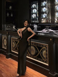 Niulatu A Line One Shoulder Black Floor Length Prom Dresses Birthday Dress SD427