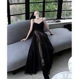 Niulatu A Line Spaghetti Straps Black Floor Length Prom Dresses Birthday Dress SD429