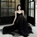 Niulatu A Line Spaghetti Straps Black Floor Length Prom Dresses Birthday Dress SD429