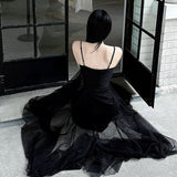 Niulatu A Line Spaghetti Straps Black Floor Length Prom Dresses Birthday Dress SD429