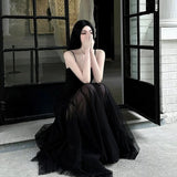Niulatu A Line Spaghetti Straps Black Floor Length Prom Dresses Birthday Dress SD429