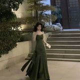 Niulatu Sheath Spaghetti Straps Floor Length Olive Green Satin Party Dresses Birthday Outfits SD432