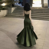 Niulatu Sheath Spaghetti Straps Floor Length Olive Green Satin Party Dresses Birthday Outfits SD432