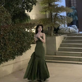 Niulatu Sheath Spaghetti Straps Floor Length Olive Green Satin Party Dresses Birthday Outfits SD432