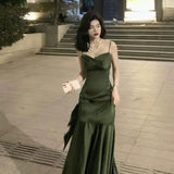 Niulatu Sheath Spaghetti Straps Floor Length Olive Green Satin Party Dresses Birthday Outfits SD432