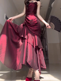 Niulatu Sheath Spaghetti Straps Burgundy Long Party Dresses Birthday Outfits SD434
