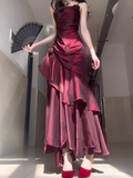 Niulatu Sheath Spaghetti Straps Burgundy Long Party Dresses Birthday Outfits SD434