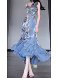 Niulatu Sheath Spaghetti Straps Blue Long Party Dresses Birthday Outfits SD435