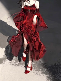 Niulatu Sheath Irregular Ruffled Spaghetti Straps Women's Burgundy Birthday Party Dresses With Sleeves SD438