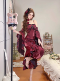 Niulatu High Low Irregular Ruffled Spaghetti Straps Women's Burgundy Birthday Outfits Party Dresses With Sleeves SD439