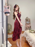 Niulatu High Low Irregular Ruffled Spaghetti Straps Women's Burgundy Birthday Outfits Party Dresses With Sleeves SD439
