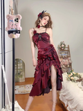 Niulatu High Low Irregular Ruffled Spaghetti Straps Women's Burgundy Birthday Outfits Party Dresses With Sleeves SD439
