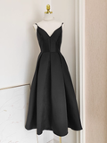 Niulatu A line Spaghetti Straps Black Satin Vacation Dress Women Birthday Dresses SD446