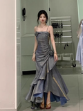 Niulatu High Low Spaghetti Straps Gray Blue Long Party Dresses Birthday Outfits SD453