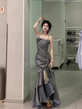 Niulatu High Low Spaghetti Straps Gray Blue Long Party Dresses Birthday Outfits SD453