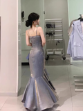 Niulatu High Low Spaghetti Straps Gray Blue Long Party Dresses Birthday Outfits SD453