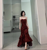 Niulatu High Low Spaghetti Straps Burgundy Long Birthday Dresses Birthday Outfits SD454