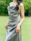 Niulatu Sheath Spaghetti Straps Silver Gray Ankle Length Prom Dresses Birthday Outfits SD473