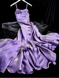 Niulatu Mermaid Spaghetti Straps Long Lilac Prom Dresses Birthday Outfits With Ruffles SD478