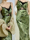 Niulatu Sheath Spaghetti Straps Green Lace Ankle Length Prom Dresses Birthday Outfits SD479