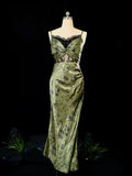 Niulatu Sheath Spaghetti Straps Green Lace Ankle Length Prom Dresses Birthday Outfits SD479