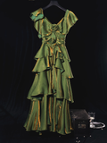 Niulatu French Retro A line Short Sleeves Green Long Prom Dress Birthday Dresses SD499