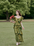 Niulatu French Retro A line Short Sleeves Green Long Prom Dress Birthday Dresses SD499