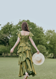 Niulatu French Retro A line Short Sleeves Green Long Prom Dress Birthday Dresses SD499
