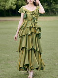Niulatu French Retro A line Short Sleeves Green Long Prom Dress Birthday Dresses SD499
