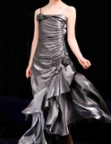 Niulatu Mermaid Spaghetti Straps Ruffles Silver Gray Prom Dresses Long Birthday Outfits SD504