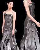 Niulatu Vintage Mermaid Spaghetti Straps Ruffles Silver Gray Prom Dresses Long Birthday Outfits SD503
