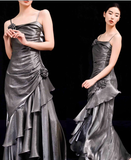 Niulatu Vintage Mermaid Spaghetti Straps Ruffles Silver Gray Prom Dresses Long Birthday Outfits SD503