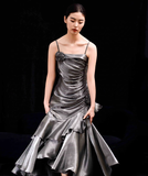 Niulatu Vintage Mermaid Spaghetti Straps Ruffles Silver Gray Prom Dresses Long Birthday Outfits SD503
