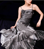 Niulatu Mermaid Spaghetti Straps Ruffles Silver Gray Prom Dresses Long Birthday Outfits SD504