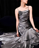 Niulatu Mermaid Spaghetti Straps Ruffles Silver Gray Prom Dresses Long Birthday Outfits SD504