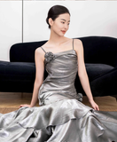Niulatu Vintage Mermaid Spaghetti Straps Ruffles Silver Gray Prom Dresses Long Birthday Outfits SD503