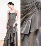 Niulatu Vintage Mermaid Spaghetti Straps Ruffles Silver Gray Prom Dresses Long Birthday Outfits SD503
