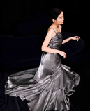 Niulatu Vintage Mermaid Spaghetti Straps Ruffles Silver Gray Prom Dresses Long Birthday Outfits SD503