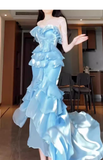 Niulatu Mermaid Strapless Light Sky Blue Chiffon Ruffles Long Prom Dresses Birthday Outfits SD507