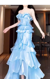 Niulatu Mermaid Strapless Light Sky Blue Chiffon Ruffles Long Prom Dresses Birthday Outfits SD507