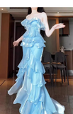 Niulatu Mermaid Strapless Light Sky Blue Chiffon Ruffles Long Prom Dresses Birthday Outfits SD507