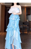 Niulatu Mermaid Strapless Light Sky Blue Chiffon Ruffles Long Prom Dresses Birthday Outfits SD507