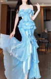 Niulatu Mermaid Strapless Light Sky Blue Chiffon Ruffles Long Prom Dresses Birthday Outfits SD507
